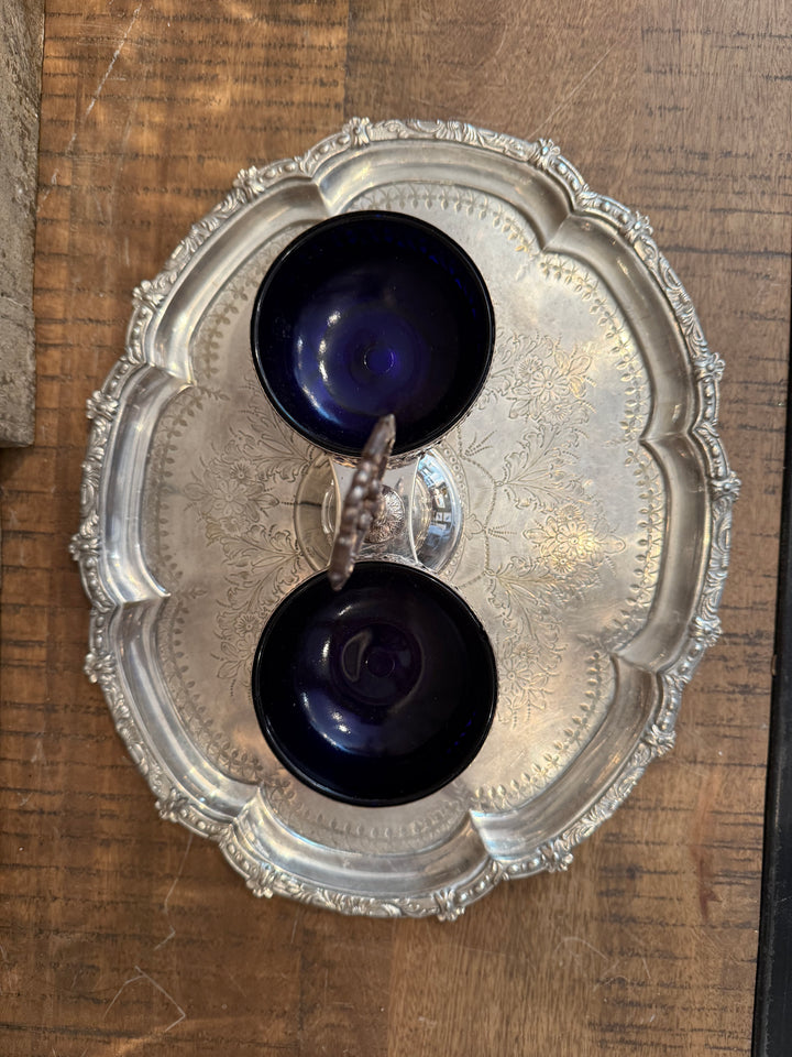 Silver Condiment Caddy with Colbalt Liners