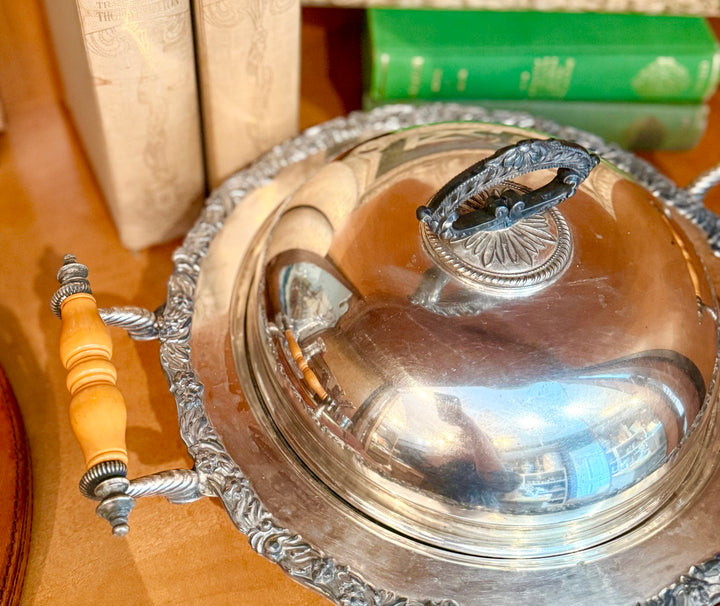 Silver Covered Serving Dish with Butterscotch Bakelite handles
