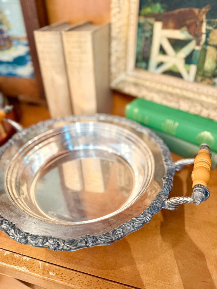 Silver Covered Serving Dish with Butterscotch Bakelite handles