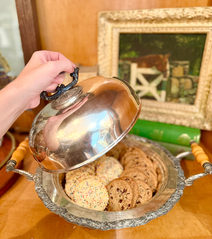 Silver Covered Serving Dish with Butterscotch Bakelite handles