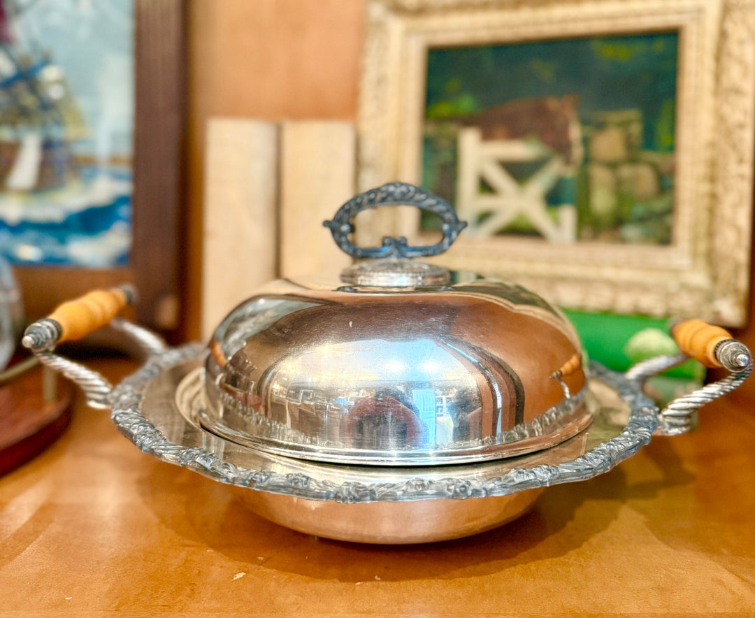 Silver Covered Serving Dish with Butterscotch Bakelite handles