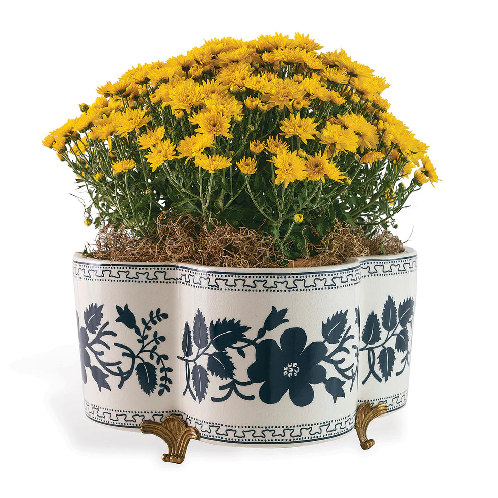 Navy Floral Footed Ceramic Planter